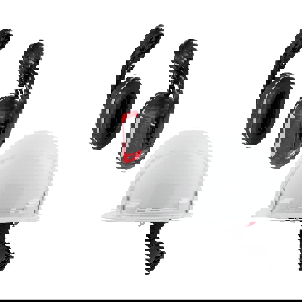 Earmuffs; Earmuff Type: Hard Hat Mounted ; Band Position: Hard Hat Cap Mounted ; Cushioned or Padded Headband: No ; Cup Color: Black ; Cup Material: Plastic ; Cushion Material: Foam